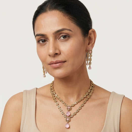 Blush Pink Magnolia Double-Layered AD Necklace Set - Antique Gold Finish