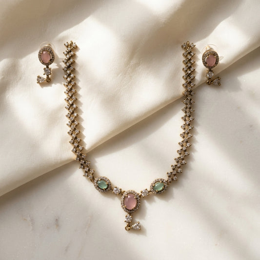 Pastel Harmony Multi-Stone AD Necklace Set - Antique Gold Polish