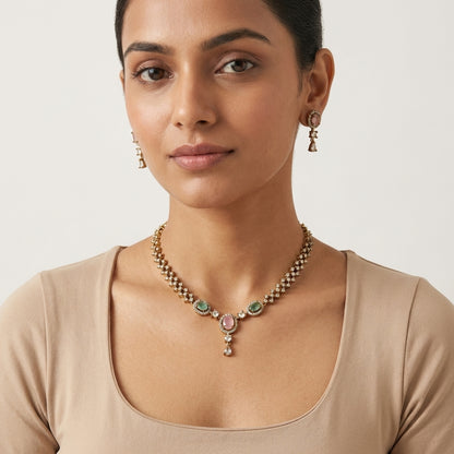 Pastel Harmony Multi-Stone AD Necklace Set - Antique Gold Polish