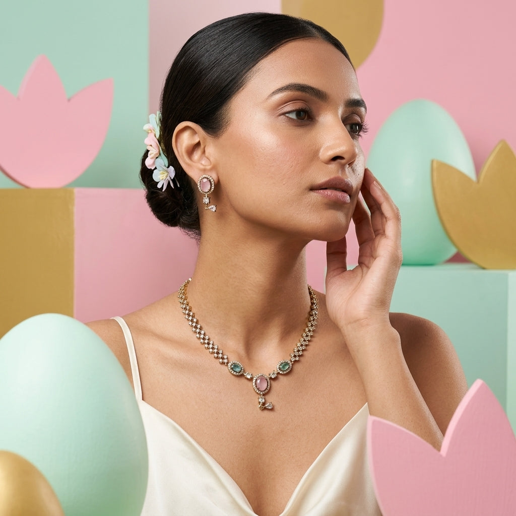 Pastel Harmony Multi-Stone AD Necklace Set - Antique Gold Polish