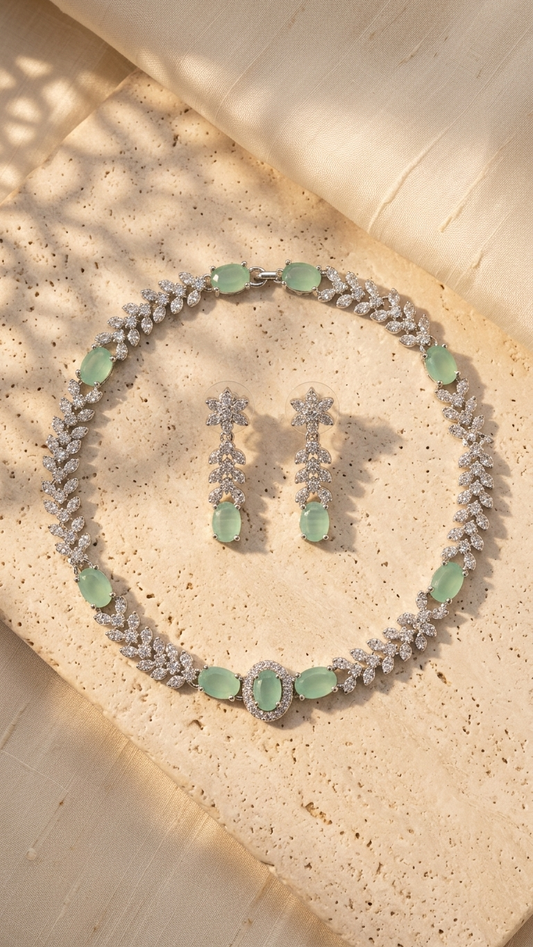 Mint Serenity Marquise Petal AD Necklace Set - Silver Polish