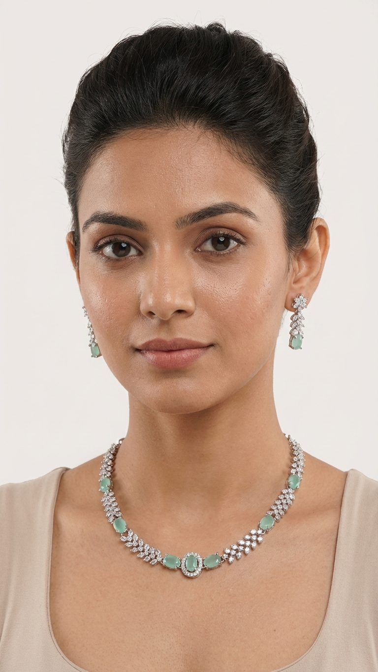 Mint Serenity Marquise Petal AD Necklace Set - Silver Polish