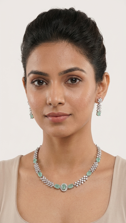 Mint Serenity Marquise Petal AD Necklace Set - Silver Polish