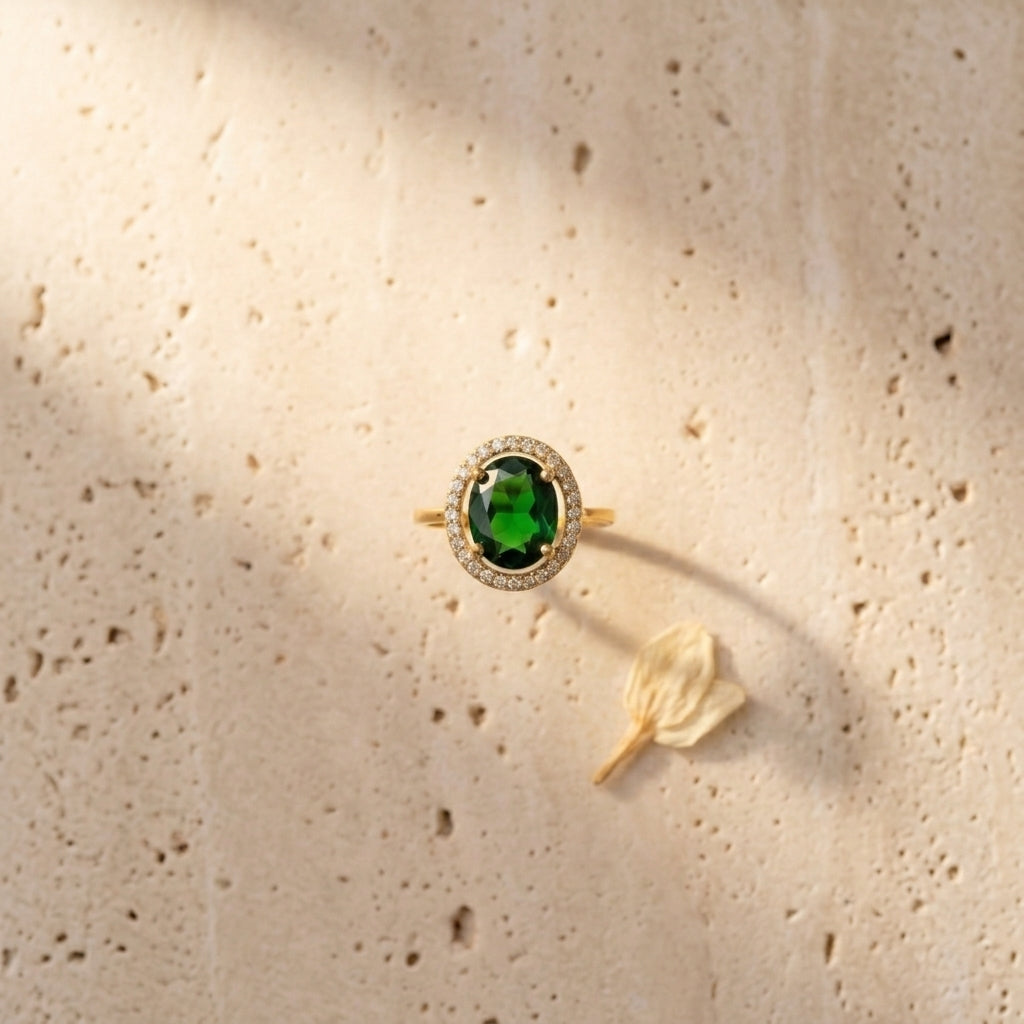Royal Emerald-Green Oval Halo AD Ring in Gold Finish