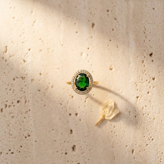 Royal Emerald-Green Oval Halo AD Ring in Gold Finish