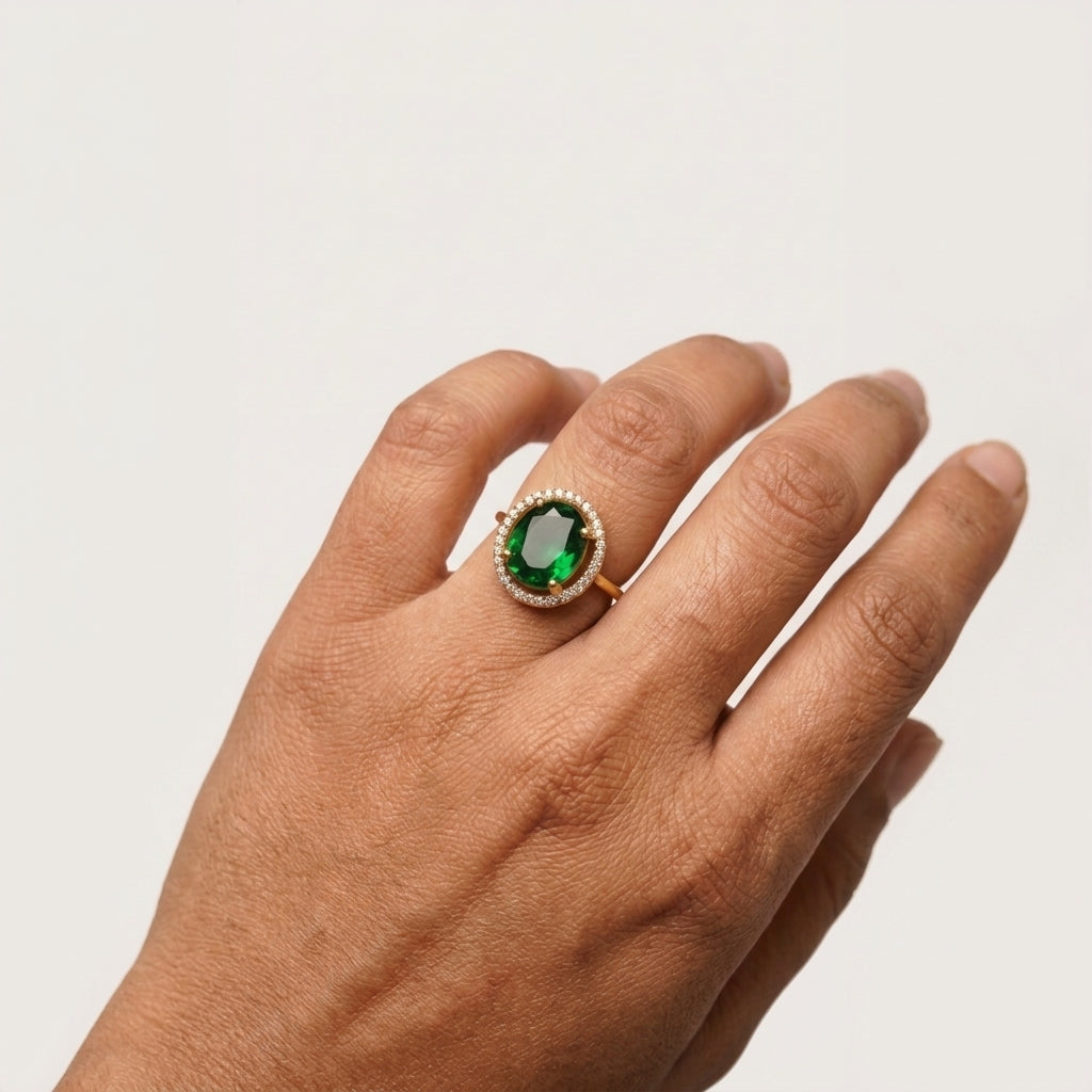 Royal Emerald-Green Oval Halo AD Ring in Gold Finish