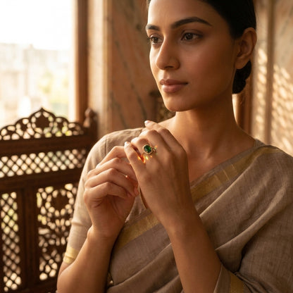Royal Emerald-Green Oval Halo AD Ring in Gold Finish