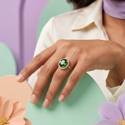 Royal Emerald-Green Oval Halo AD Ring in Gold Finish