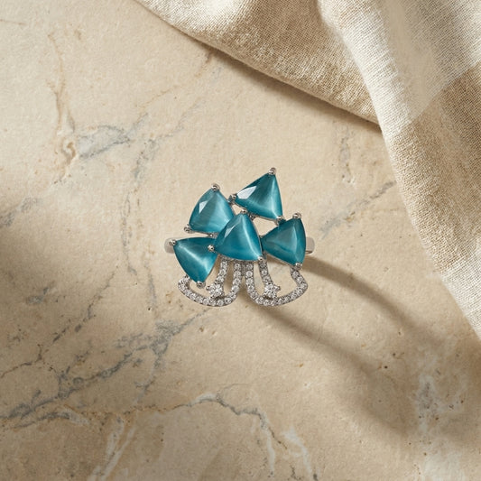 Ocean Blue Floral AD Adjustable Ring in Silver Finish