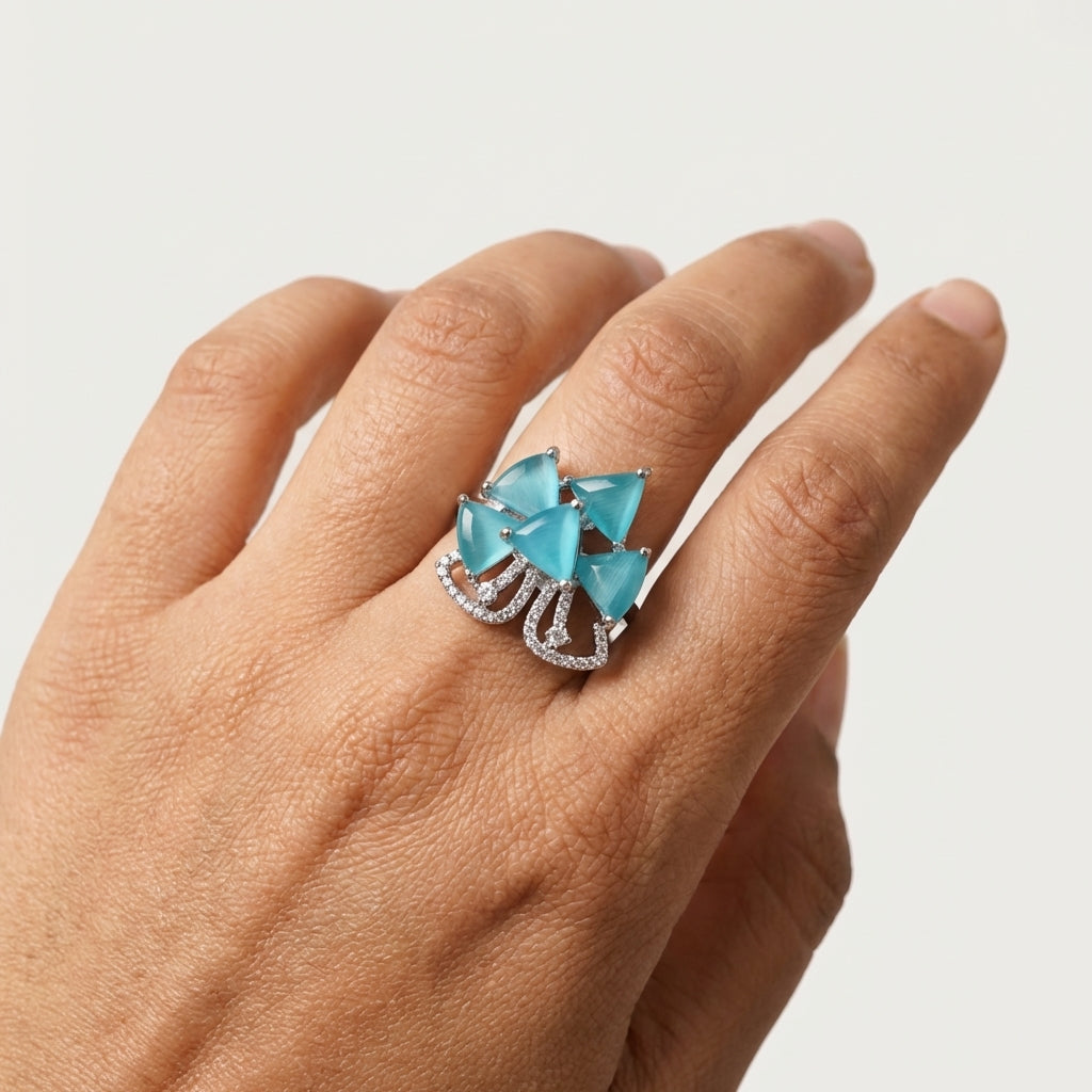 Ocean Blue Floral AD Adjustable Ring in Silver Finish