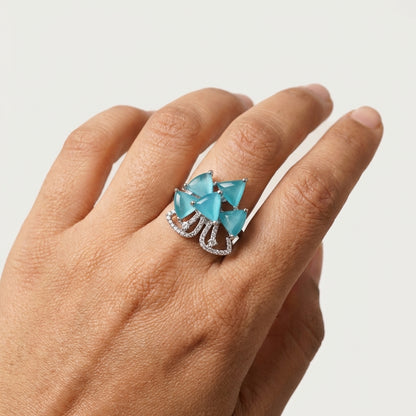 Ocean Blue Floral AD Adjustable Ring in Silver Finish