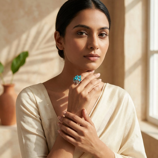 Ocean Blue Floral AD Adjustable Ring in Silver Finish