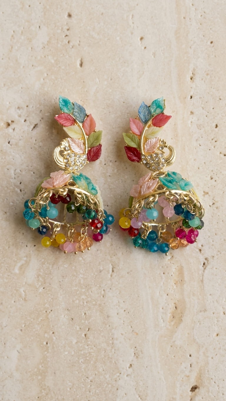 Multicolor Leaf Design Earrings with Beaded Drops