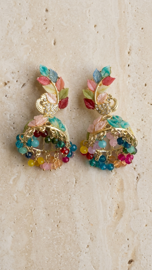 Multicolor Leaf Design Earrings with Beaded Drops