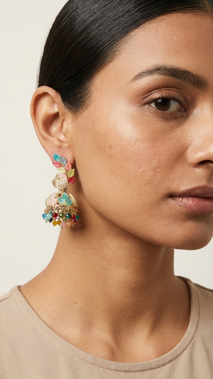 Multicolor Leaf Design Earrings with Beaded Drops