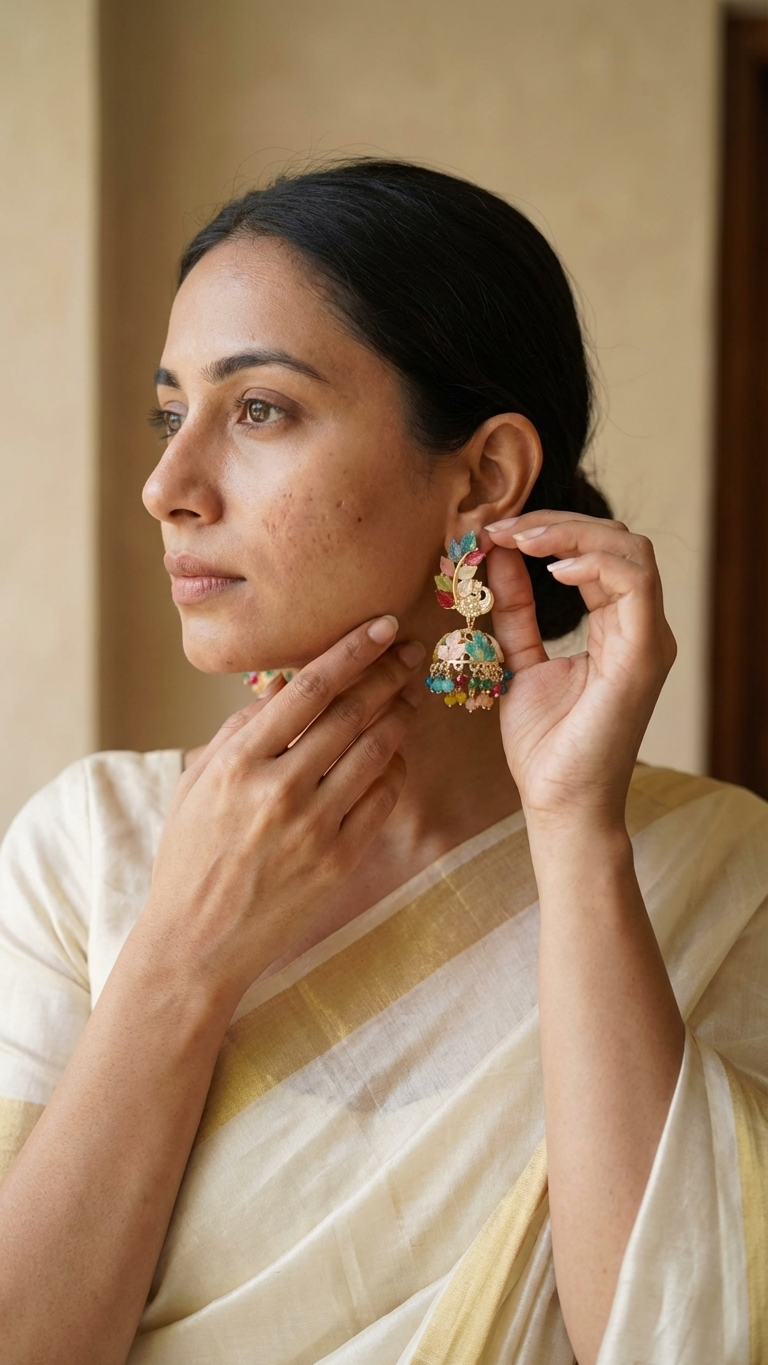 Multicolor Leaf Design Earrings with Beaded Drops