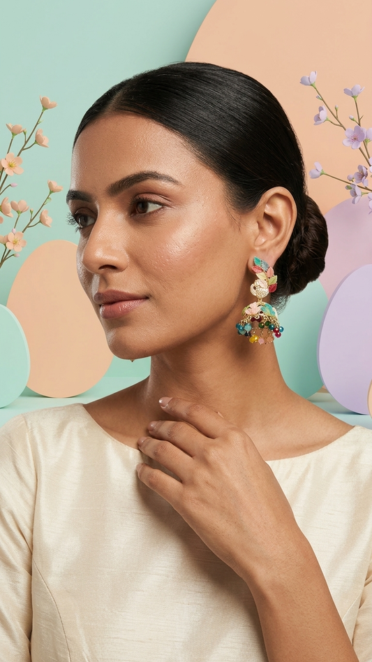 Multicolor Leaf Design Earrings with Beaded Drops