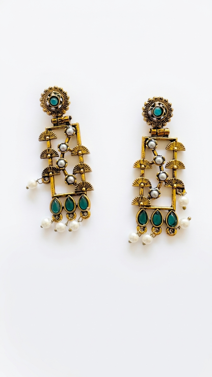 Rectangular Heritage Earrings with Teardrop Green Stones