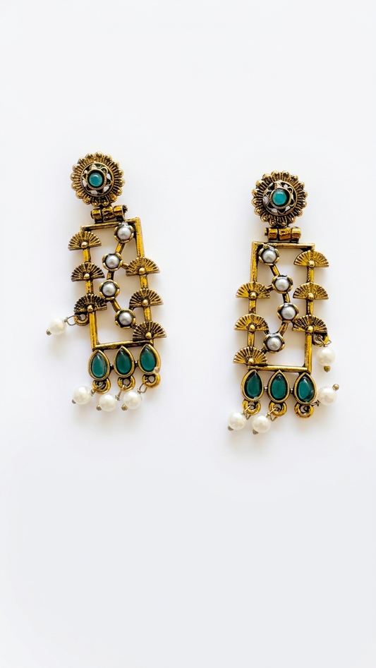 Rectangular Heritage Earrings with Teardrop Green Stones