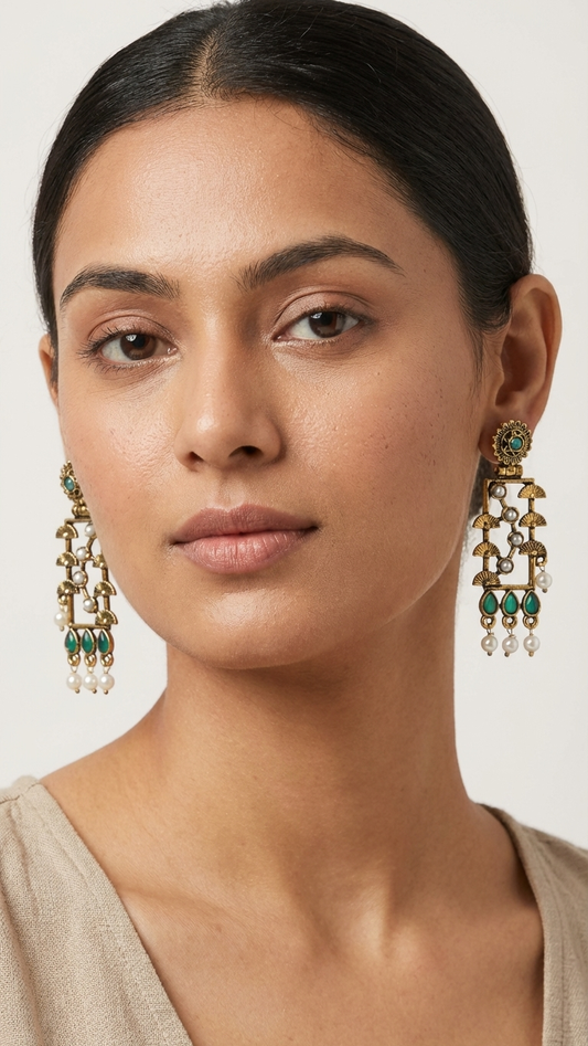 Rectangular Heritage Earrings with Teardrop Green Stones