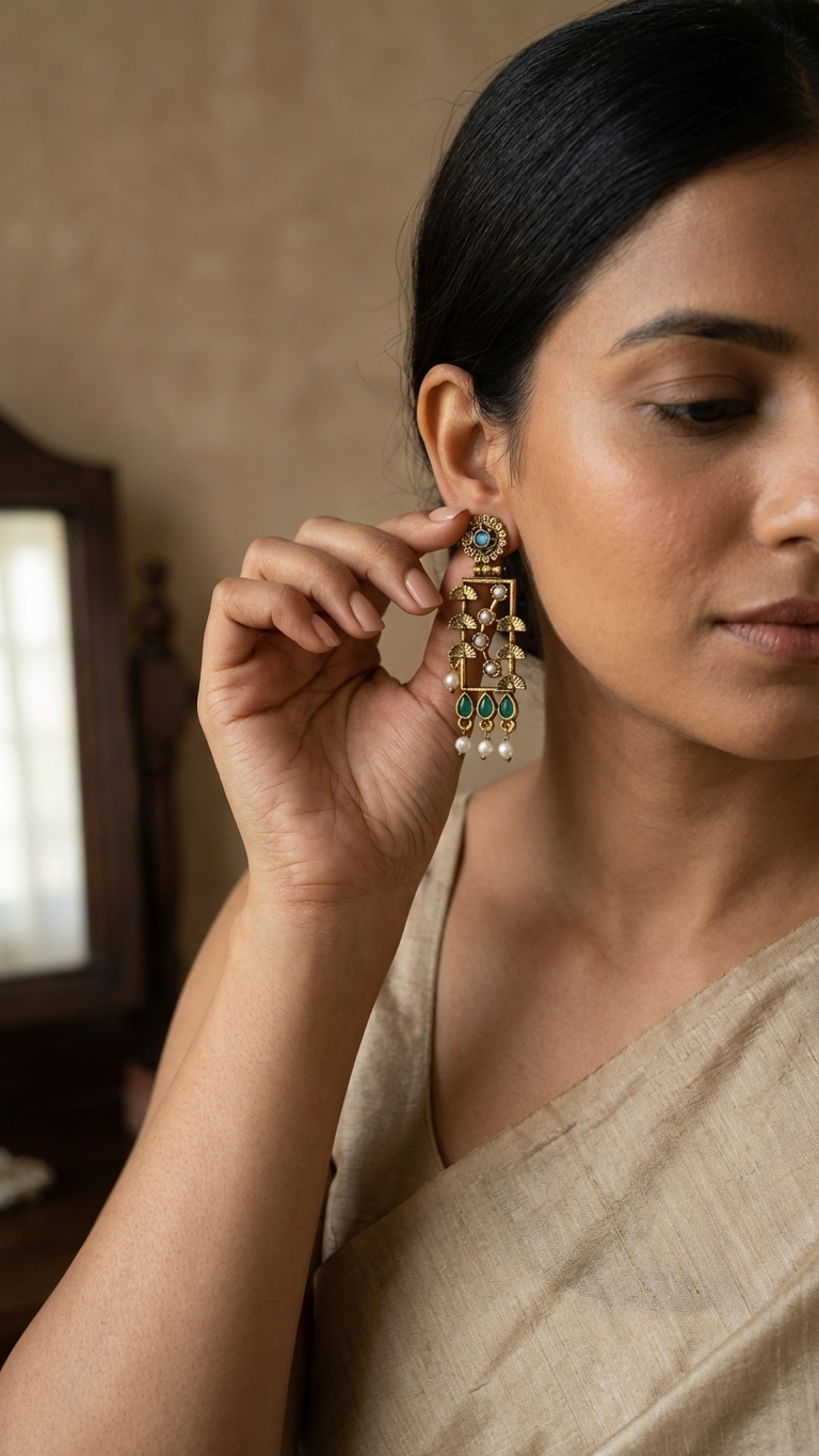 Rectangular Heritage Earrings with Teardrop Green Stones