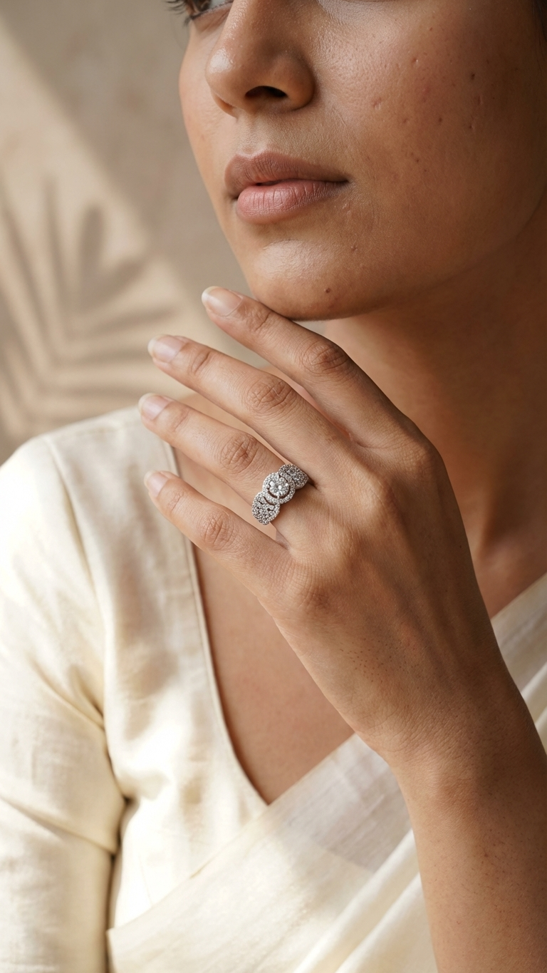 Sparkling Floral AD Adjustable Ring in Silver Finish