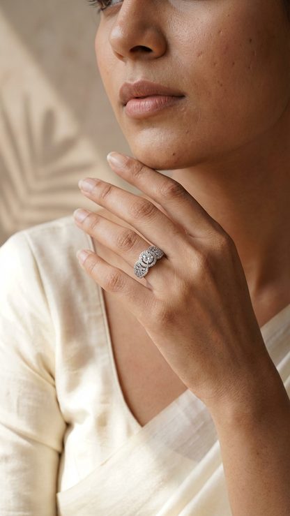 Sparkling Floral AD Adjustable Ring in Silver Finish
