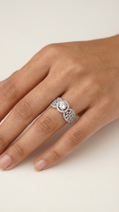 Sparkling Floral AD Adjustable Ring in Silver Finish