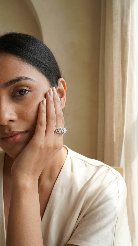 Sparkling Floral AD Adjustable Ring in Silver Finish