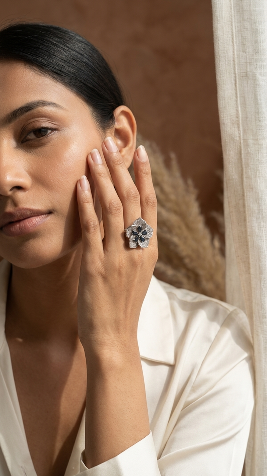 Elegant Black Floral AD Adjustable Ring in Silver Finish