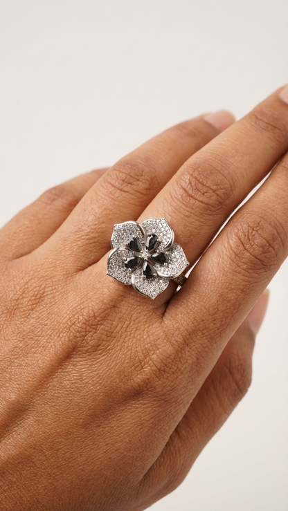 Elegant Black Floral AD Adjustable Ring in Silver Finish