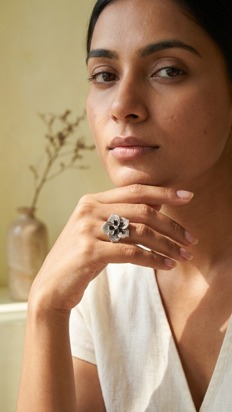 Elegant Black Floral AD Adjustable Ring in Silver Finish