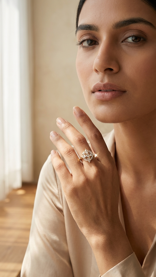 Dainty Sparkle Floral AD Adjustable Ring in Silver Finish