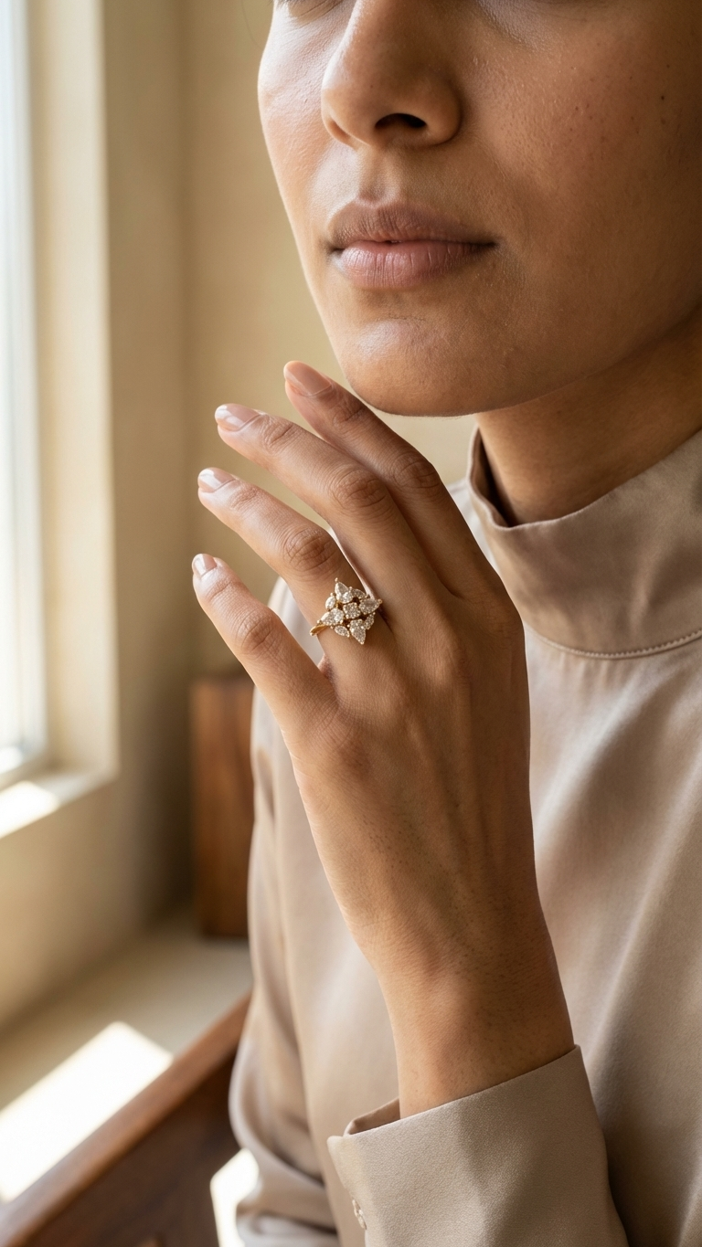 Dainty Sparkle Floral AD Adjustable Ring in Silver Finish