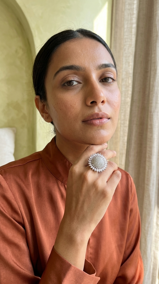 Silver clear-Plated Marquise Floral AD Adjustable Ring