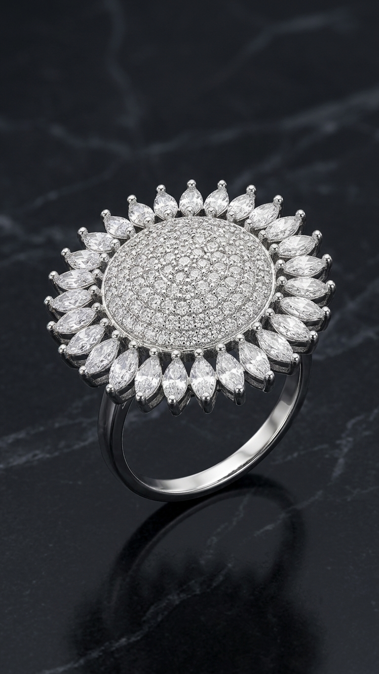 Silver clear-Plated Marquise Floral AD Adjustable Ring