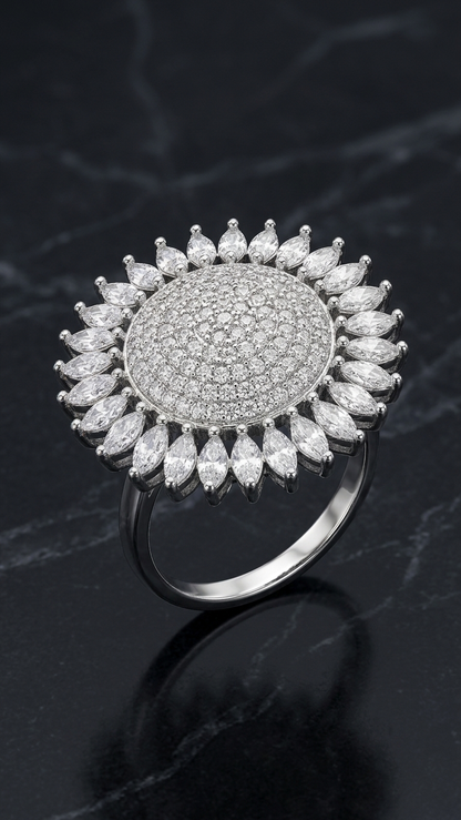 Silver clear-Plated Marquise Floral AD Adjustable Ring