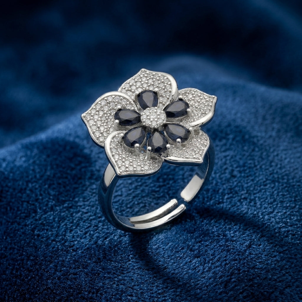 Elegant Black Floral AD Adjustable Ring in Silver Finish