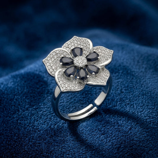 Elegant Black Floral AD Adjustable Ring in Silver Finish