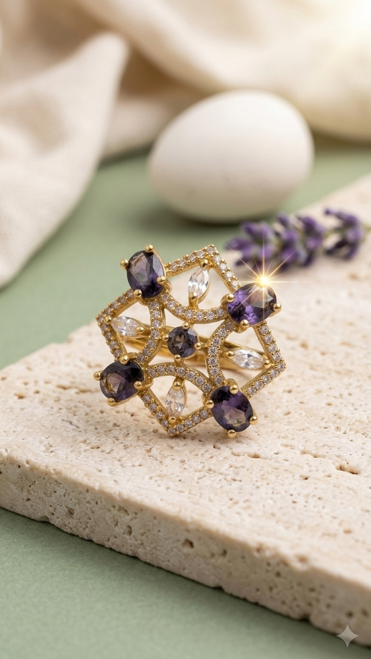 Royal Emerald-lavender Floral AD Adjustable Ring