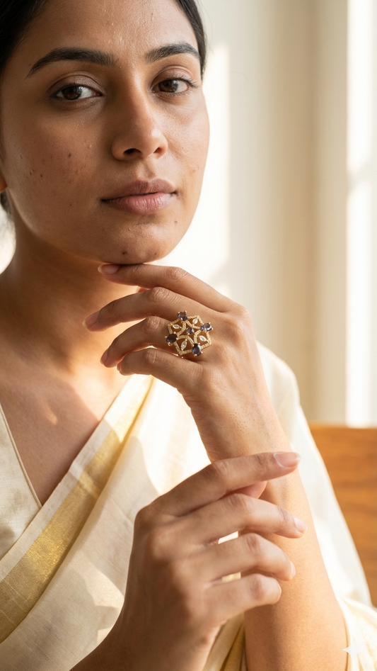 Royal Emerald-lavender Floral AD Adjustable Ring