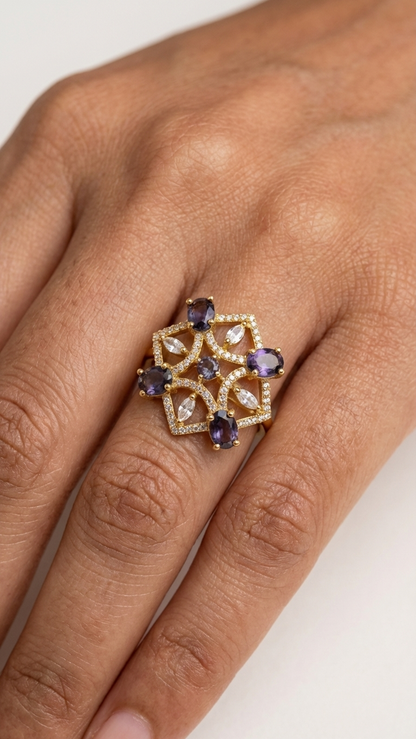 Royal Emerald-lavender Floral AD Adjustable Ring