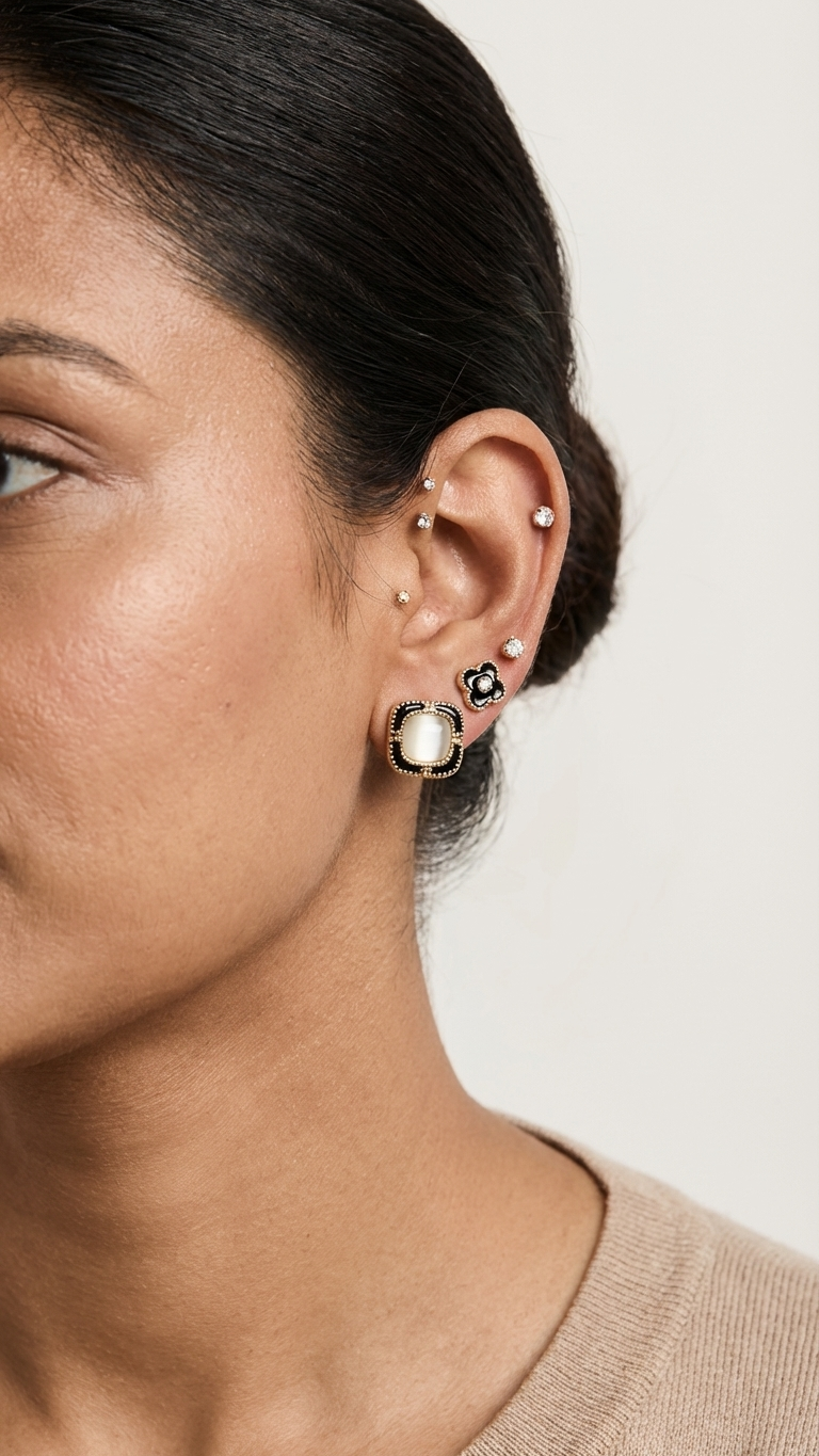 3-Pair Stud Earring Set with Crystal, Black Enamel Flower & Square Design (925 Post)