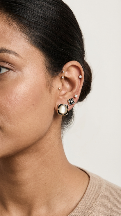 3-Pair Stud Earring Set with Crystal, Black Enamel Flower & Square Design (925 Post)