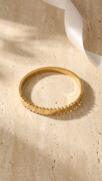 Textured Gold & Crystal Hinged Bangle like bracelet