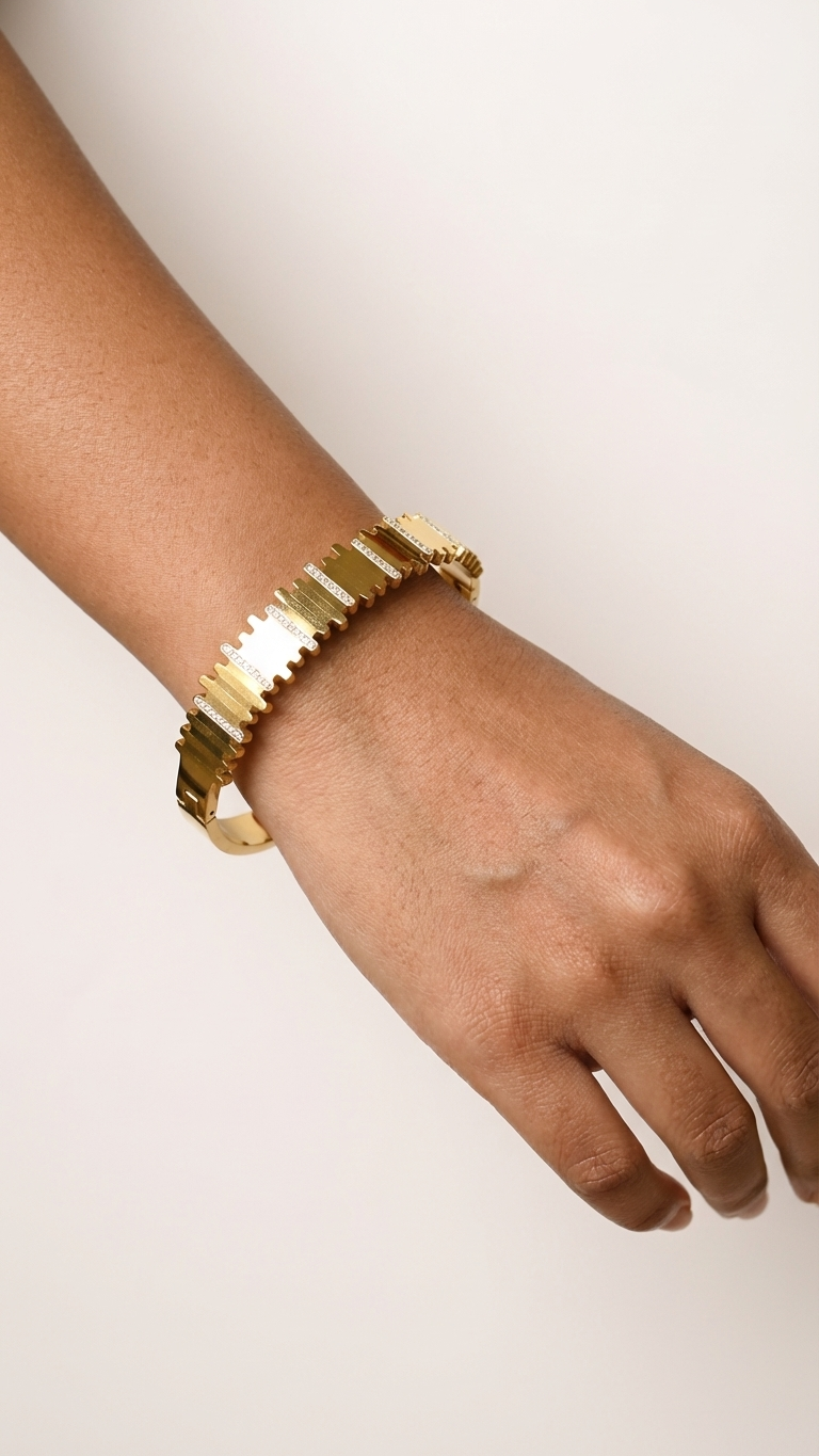 Textured Gold & Crystal Hinged Bangle like bracelet