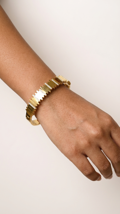 Textured Gold & Crystal Hinged Bangle like bracelet