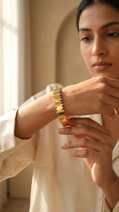 Textured Gold & Crystal Hinged Bangle like bracelet