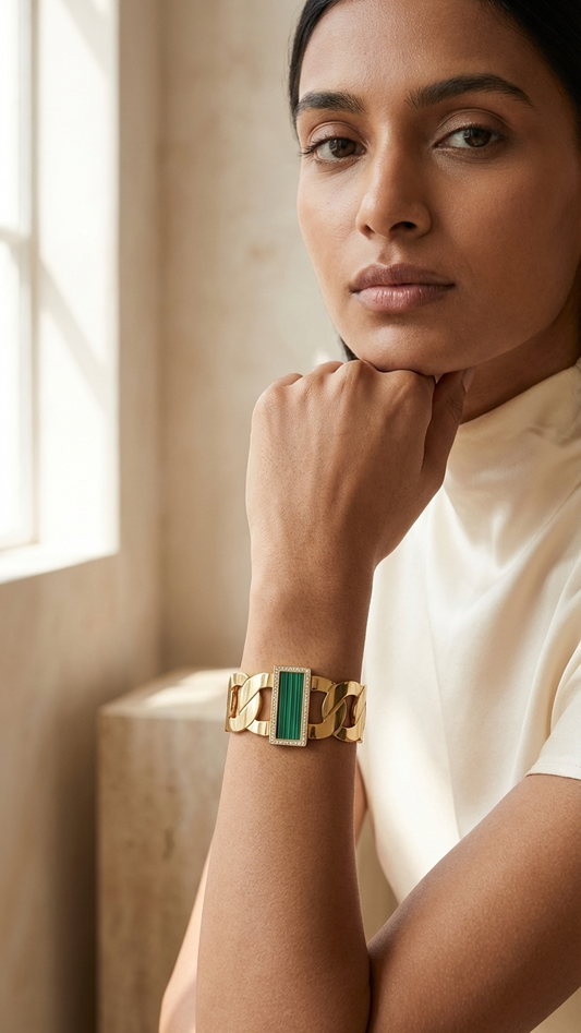 Wide Gold-Tone & Green Stone Statement Bangle