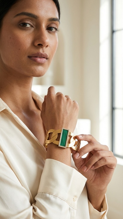 Wide Gold-Tone & Green Stone Statement Bangle